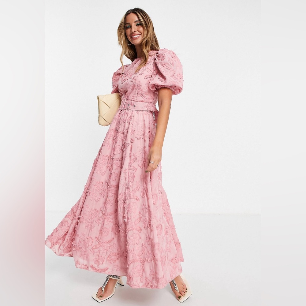 ASOS DESIGN belted midi skater dress in textured jacquard pink